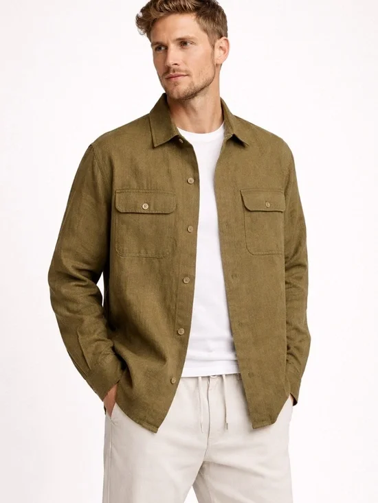 ASOS Men’s Linen Shirt Jacket 2XL Olive Lightweight Summer Overshirt - Picture 4 of 9